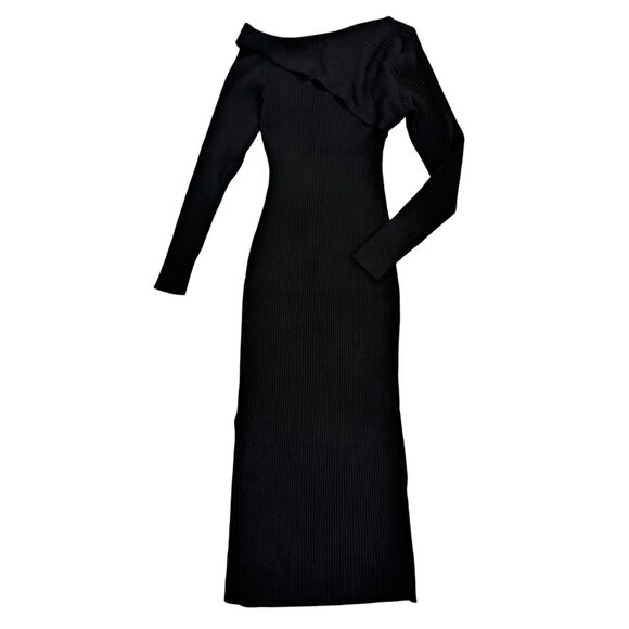 Elegant Black Ribbed Knit Dress With Asymmetrical Neckline, Long Sleeves, Size S - Picture 1 of 10